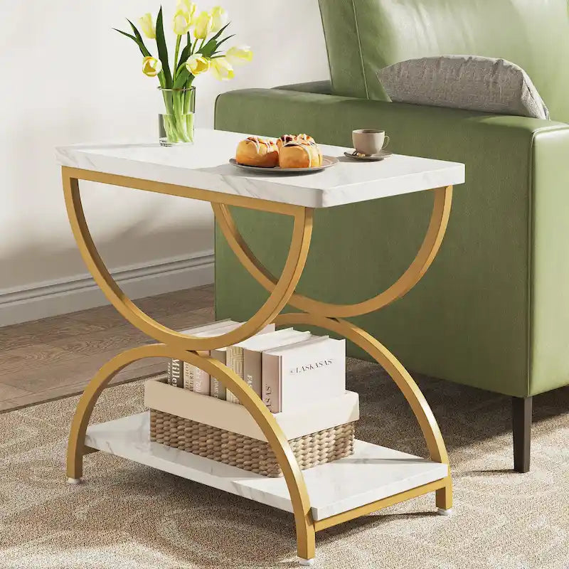 2-Tier Rectangular Side Table with Semicircular Metal Frame – Modern Industrial