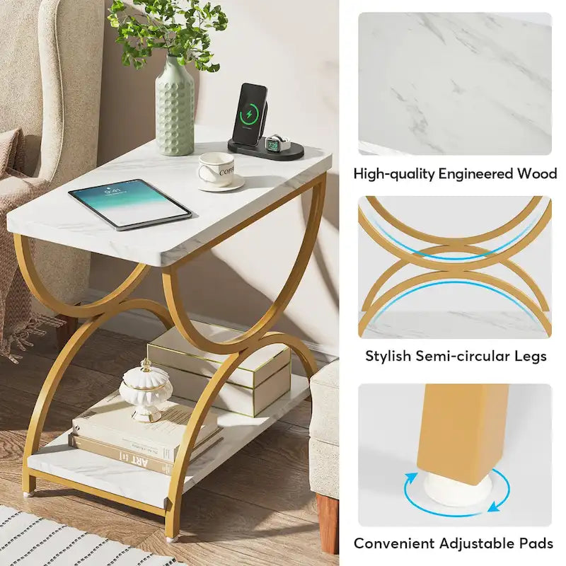 2-Tier Rectangular Side Table with Semicircular Metal Frame – Modern Industrial