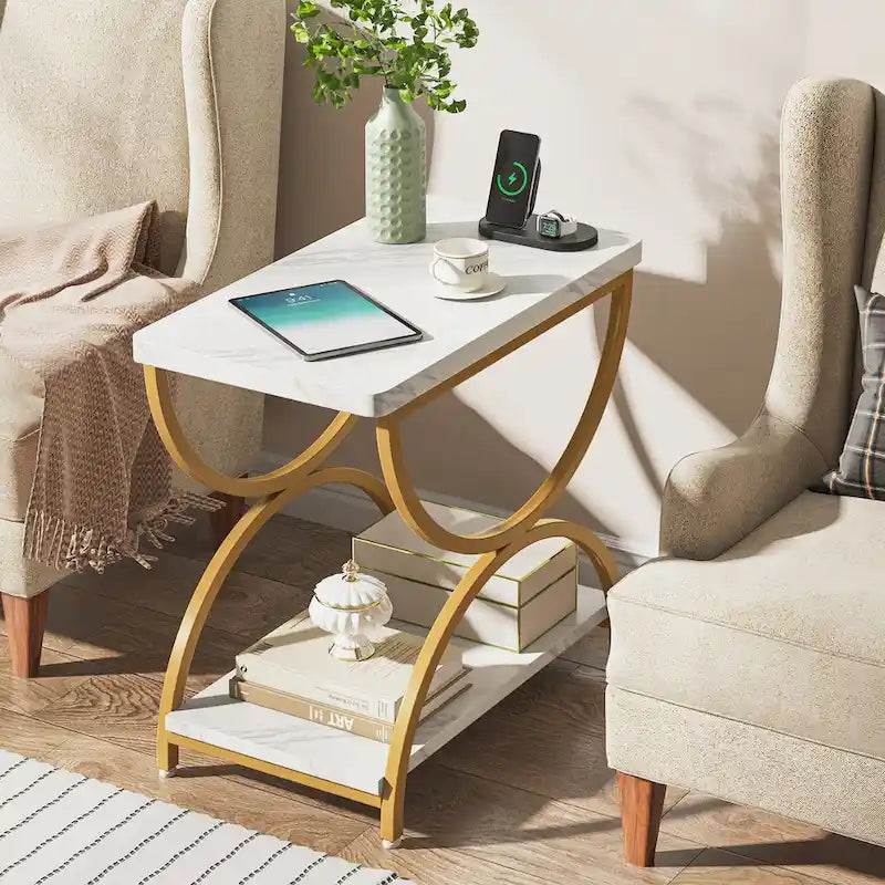 2-Tier Rectangular Side Table with Semicircular Metal Frame – Modern Industrial