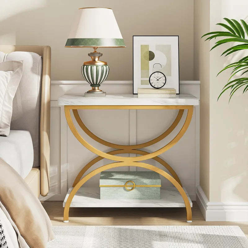 2-Tier Rectangular Side Table with Semicircular Metal Frame – Modern Industrial