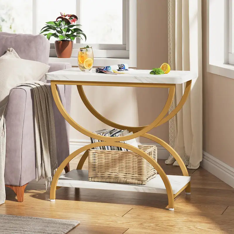2-Tier Rectangular Side Table with Semicircular Metal Frame – Modern Industrial