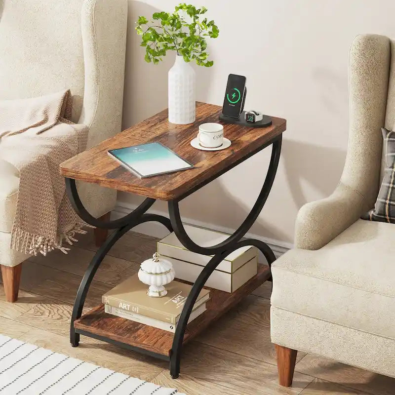 2-Tier Rectangular Side Table with Semicircular Metal Frame – Modern Industrial