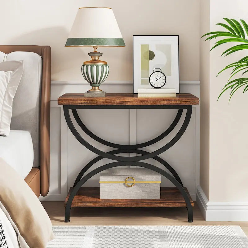 2-Tier Rectangular Side Table with Semicircular Metal Frame – Modern Industrial