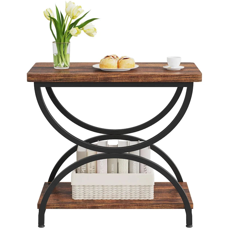 2-Tier Rectangular Side Table with Semicircular Metal Frame – Modern Industrial
