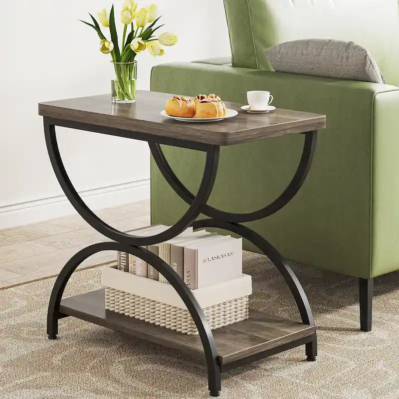 2-Tier Rectangular Side Table with Semicircular Metal Frame – Modern Industrial