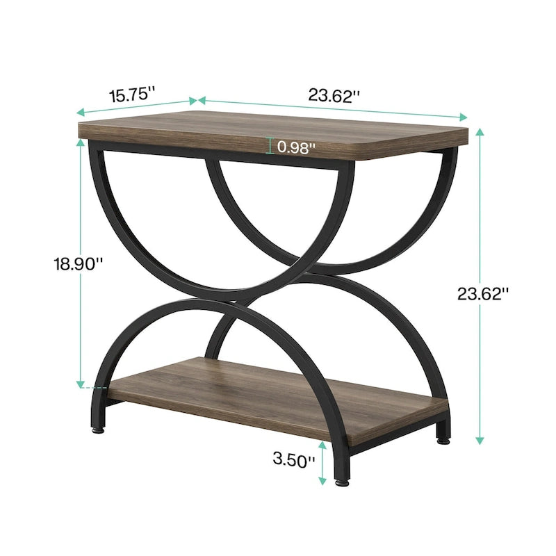 2-Tier Rectangular Side Table with Semicircular Metal Frame – Modern Industrial