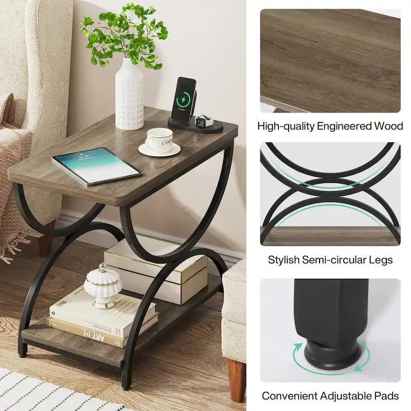 2-Tier Rectangular Side Table with Semicircular Metal Frame – Modern Industrial
