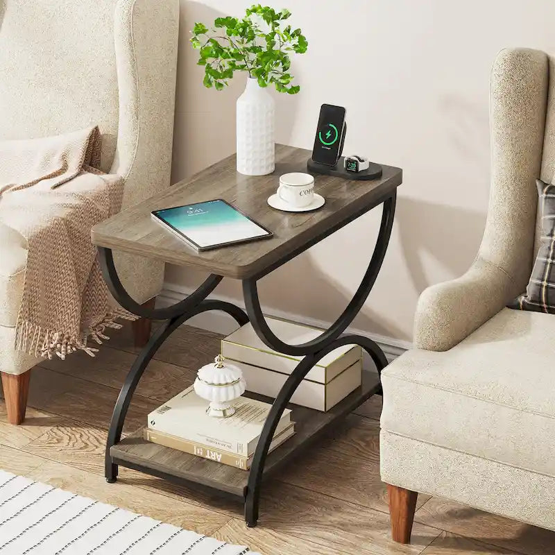 2-Tier Rectangular Side Table with Semicircular Metal Frame – Modern Industrial
