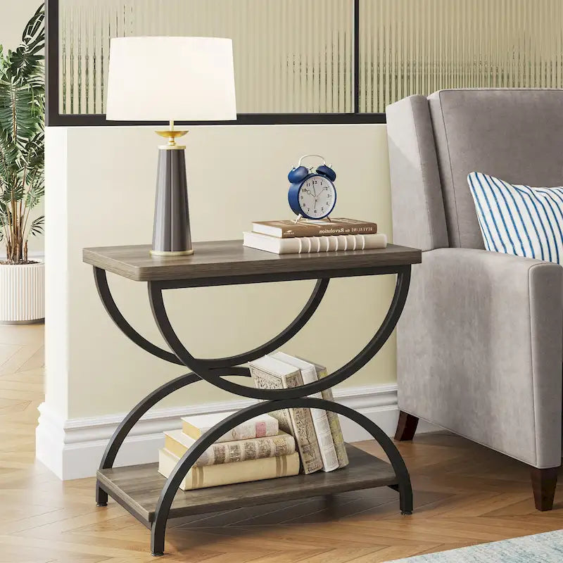 2-Tier Rectangular Side Table with Semicircular Metal Frame – Modern Industrial