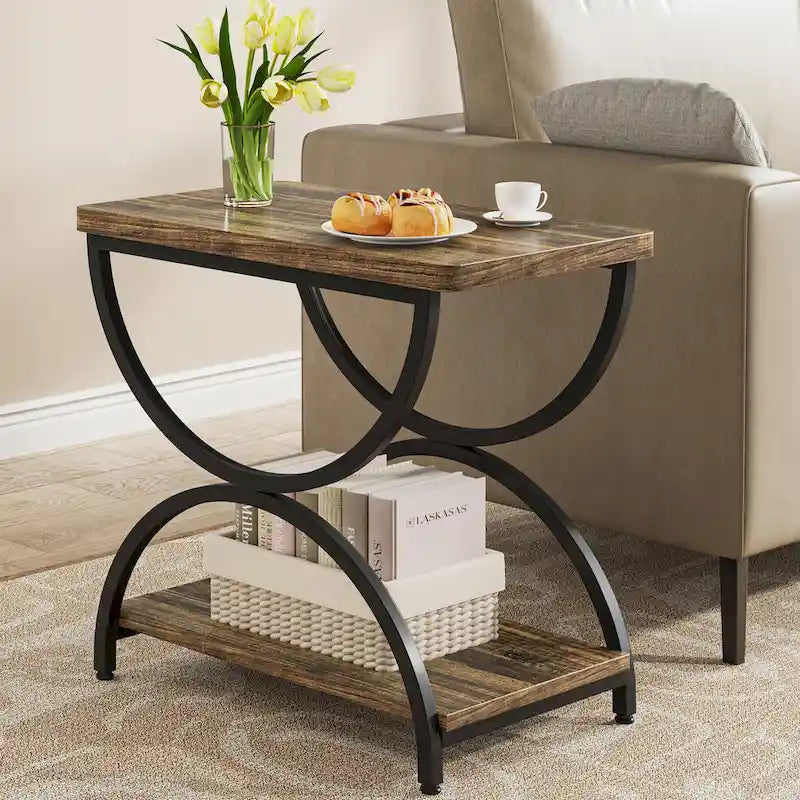 2-Tier Rectangular Side Table with Semicircular Metal Frame – Modern Industrial