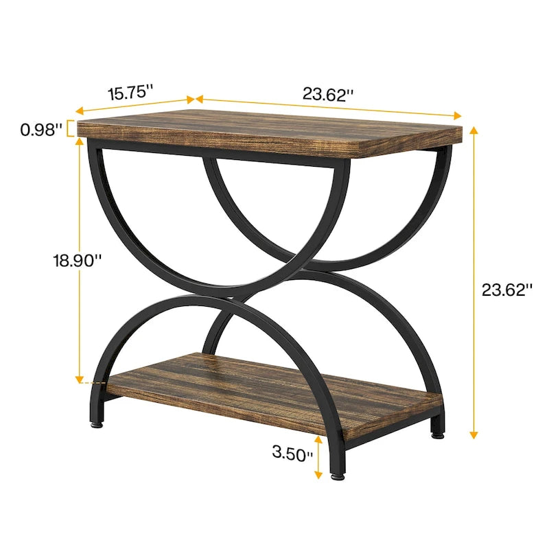 2-Tier Rectangular Side Table with Semicircular Metal Frame – Modern Industrial