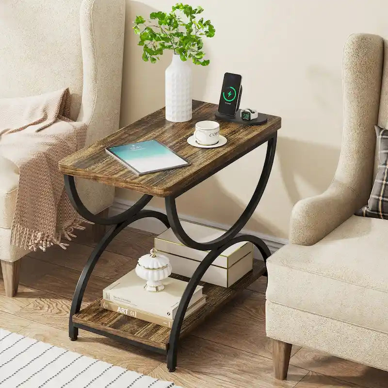 2-Tier Rectangular Side Table with Semicircular Metal Frame – Modern Industrial