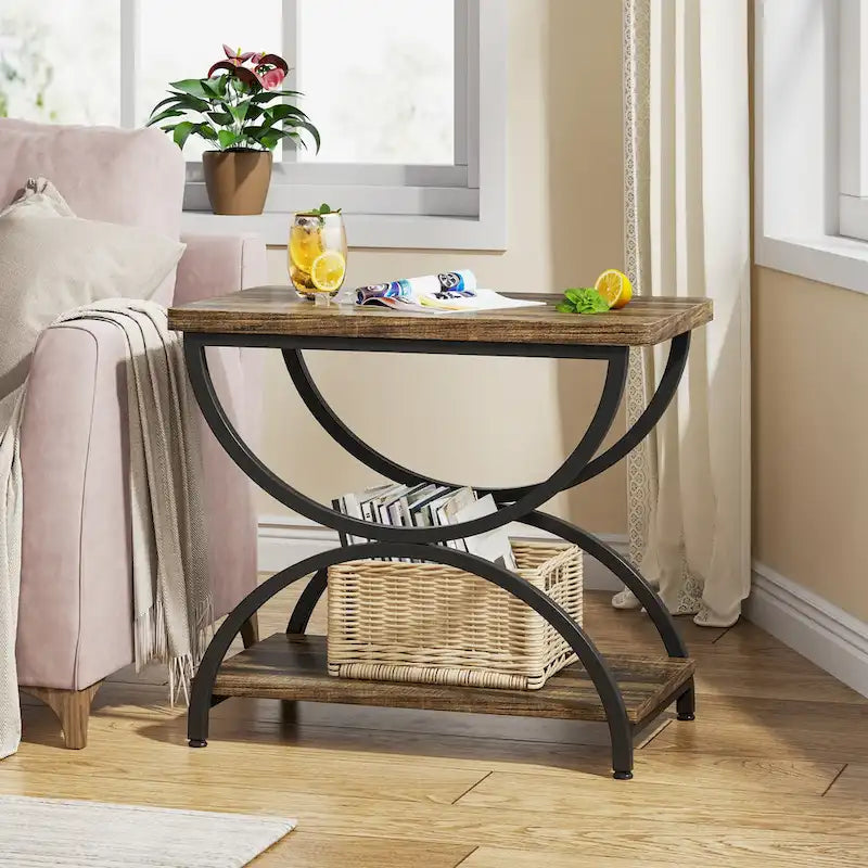 2-Tier Rectangular Side Table with Semicircular Metal Frame – Modern Industrial