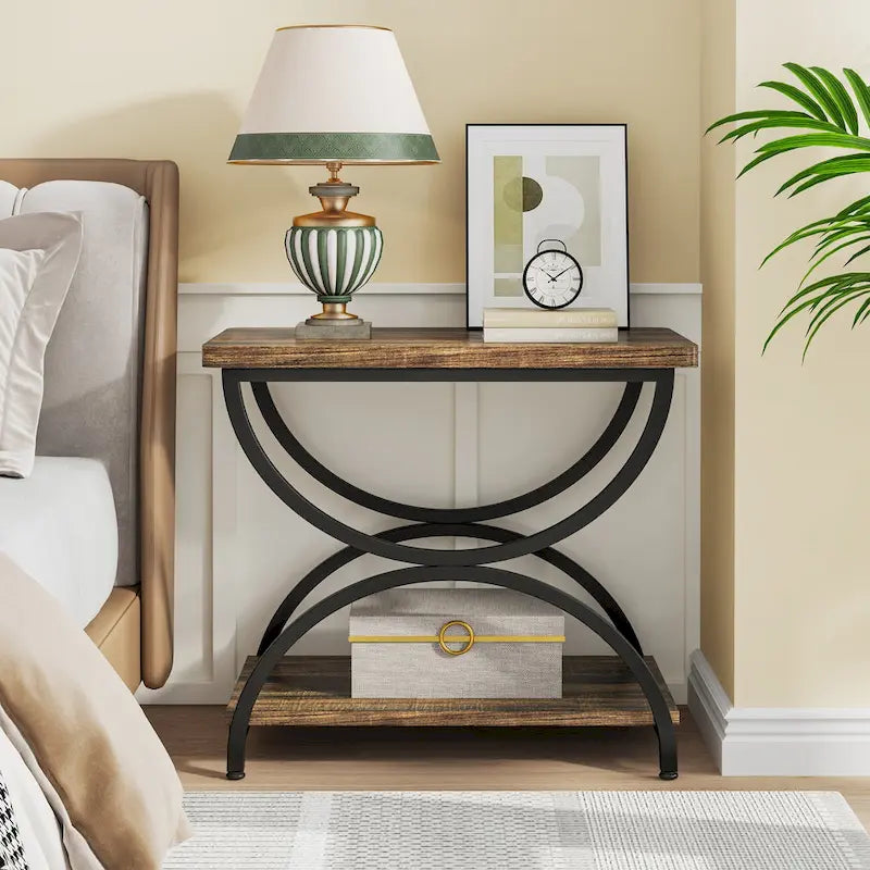 2-Tier Rectangular Side Table with Semicircular Metal Frame – Modern Industrial