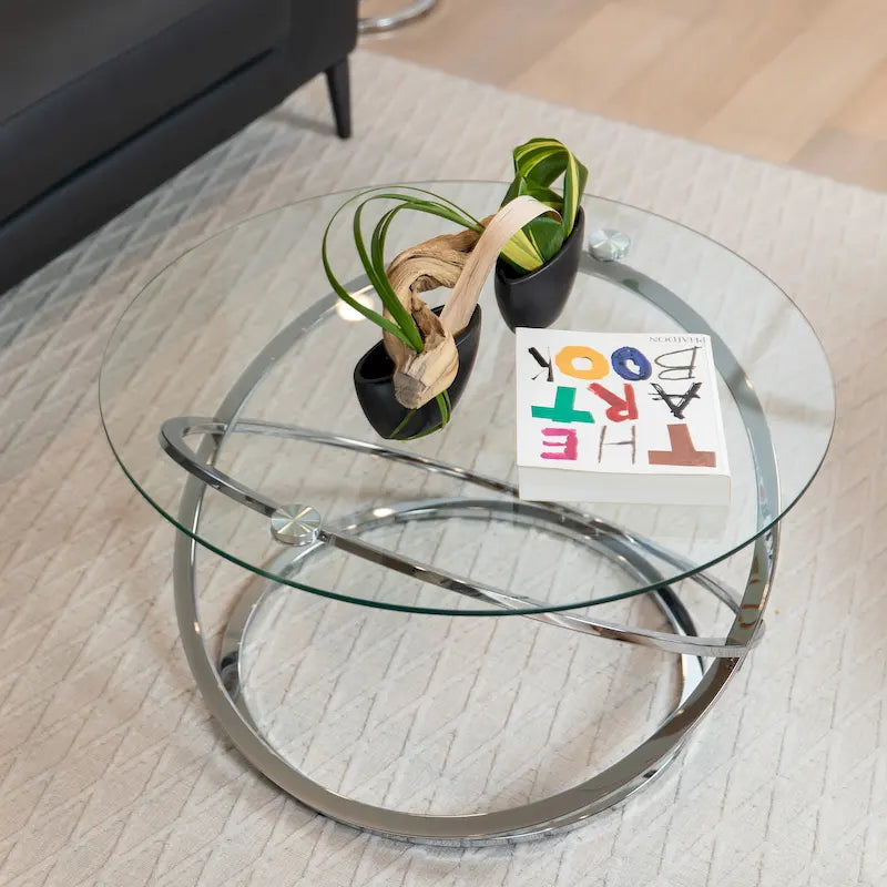 Round Tempered Glass Coffee Table with Sculptural Cross Base – 31.5 Inch