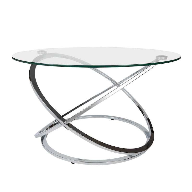 Round Tempered Glass Coffee Table with Sculptural Cross Base – 31.5 Inch