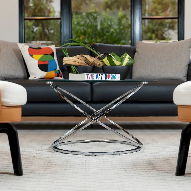 Round Tempered Glass Coffee Table with Sculptural Cross Base – 31.5 Inch