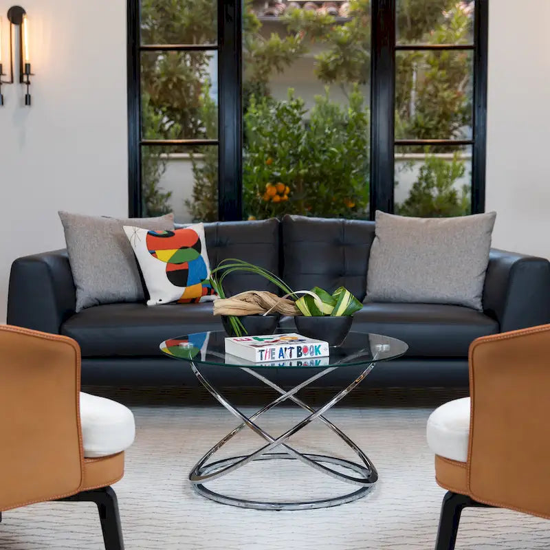 Round Tempered Glass Coffee Table with Sculptural Cross Base – 31.5 Inch