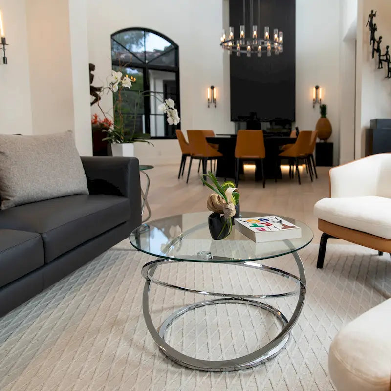 Round Tempered Glass Coffee Table with Sculptural Cross Base – 31.5 Inch