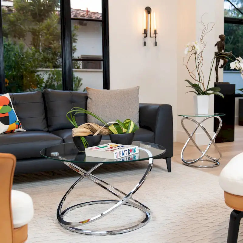 Round Tempered Glass Coffee Table with Sculptural Cross Base – 31.5 Inch