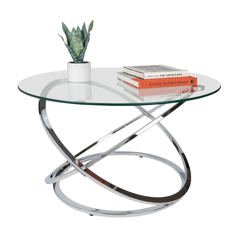 Round Tempered Glass Coffee Table with Sculptural Cross Base – 31.5 Inch