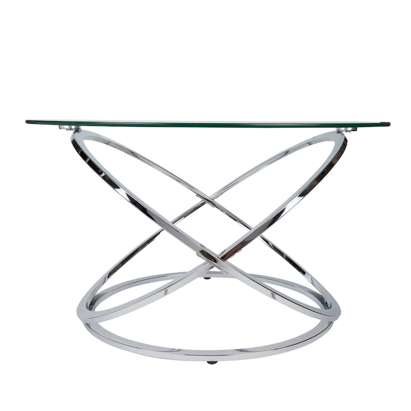 Round Tempered Glass Coffee Table with Sculptural Cross Base – 31.5 Inch