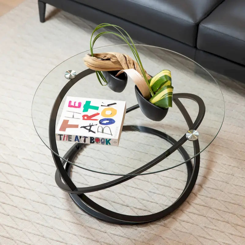 Round Tempered Glass Coffee Table with Sculptural Cross Base – 31.5 Inch