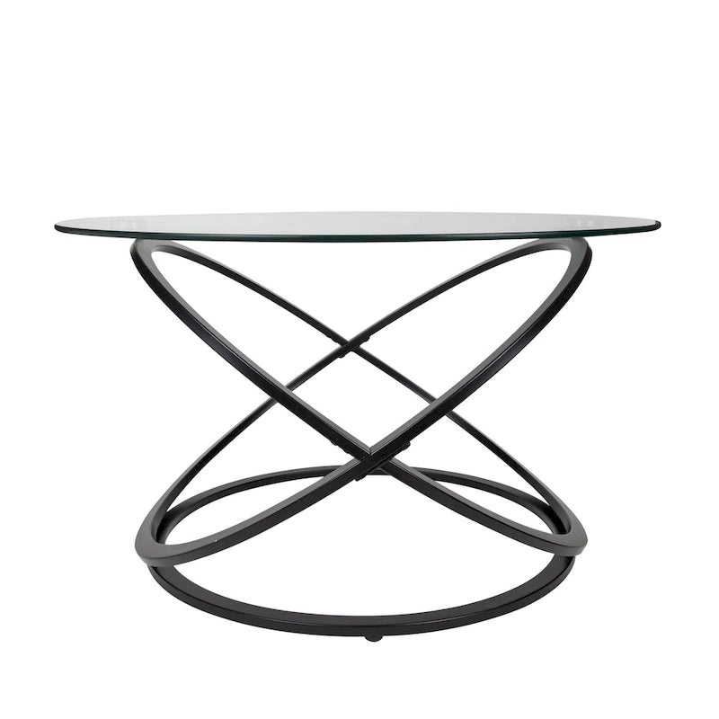 Round Tempered Glass Coffee Table with Sculptural Cross Base – 31.5 Inch
