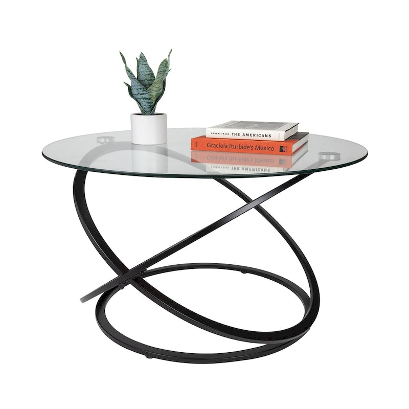 Round Tempered Glass Coffee Table with Sculptural Cross Base – 31.5 Inch