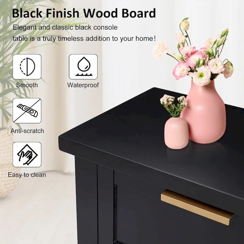 Modern Narrow Console Table with 4 Drawers and Open Shelf