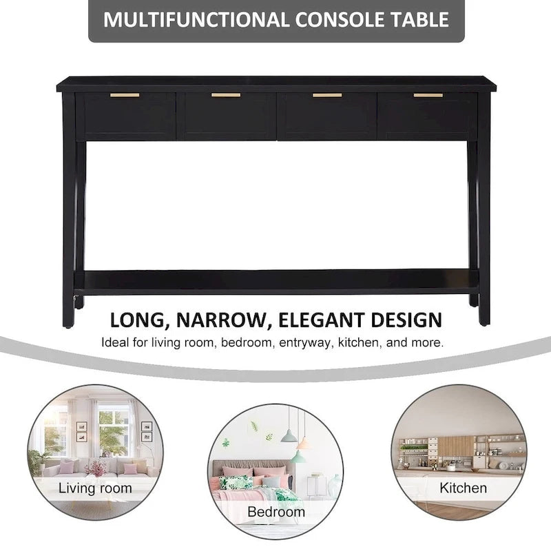 Modern Narrow Console Table with 4 Drawers and Open Shelf