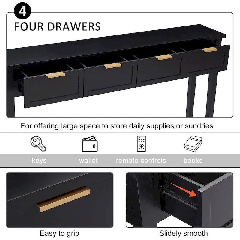 Modern Narrow Console Table with 4 Drawers and Open Shelf
