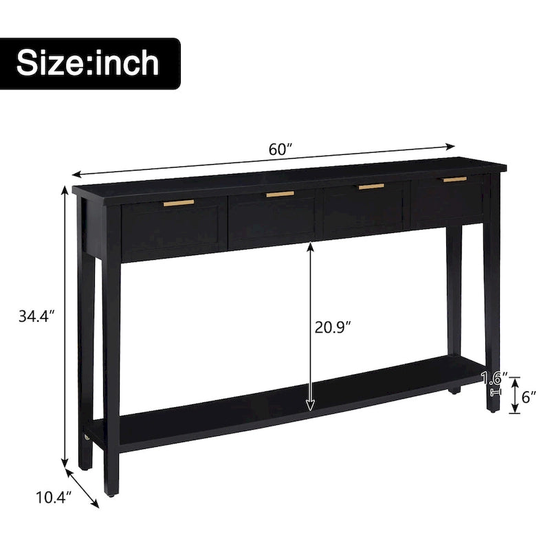 Modern Narrow Console Table with 4 Drawers and Open Shelf