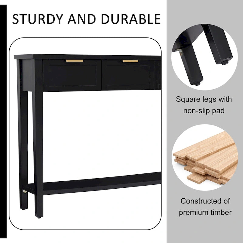 Modern Narrow Console Table with 4 Drawers and Open Shelf