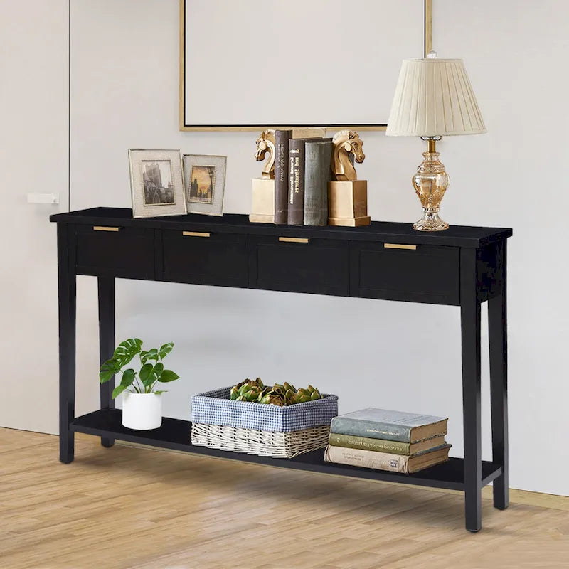 Modern Narrow Console Table with 4 Drawers and Open Shelf