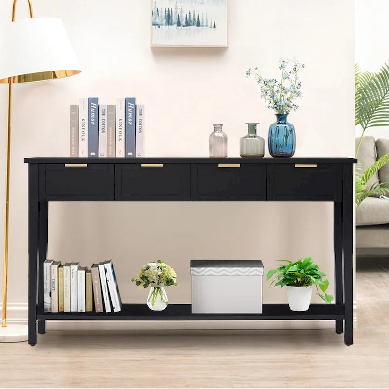 Modern Narrow Console Table with 4 Drawers and Open Shelf