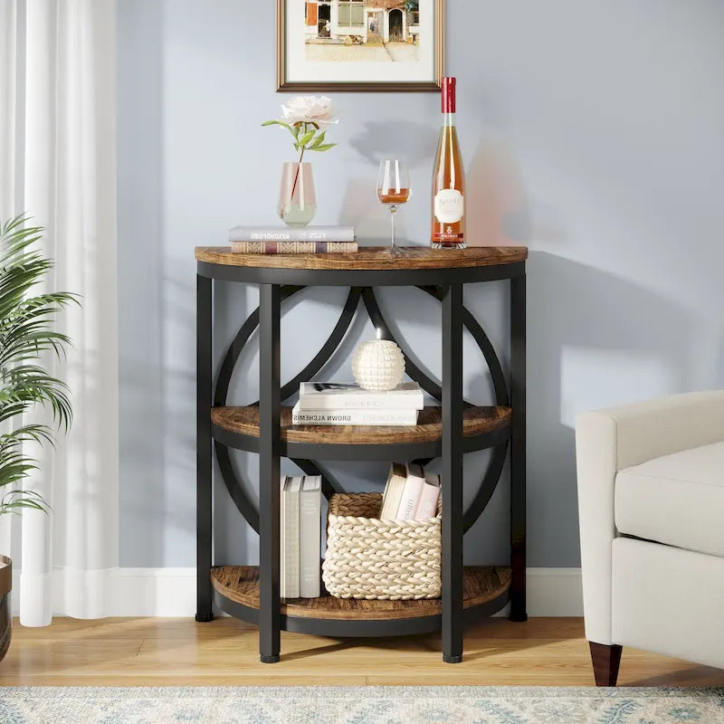 Half-Round 3-Tier Narrow Side Table with Metal Frame – Compact Accent Table