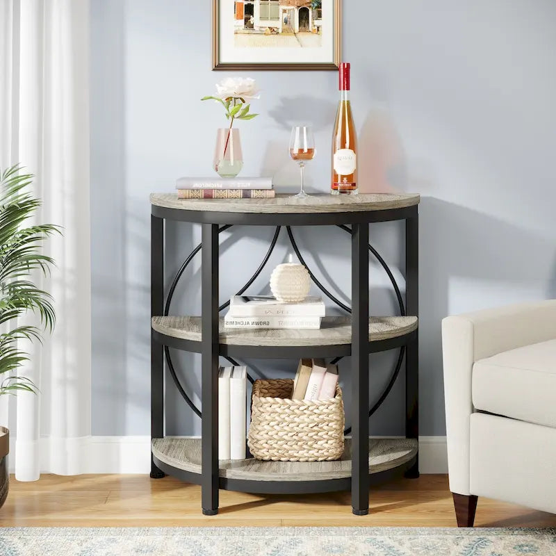 Half-Round 3-Tier Narrow Side Table with Metal Frame – Compact Accent Table
