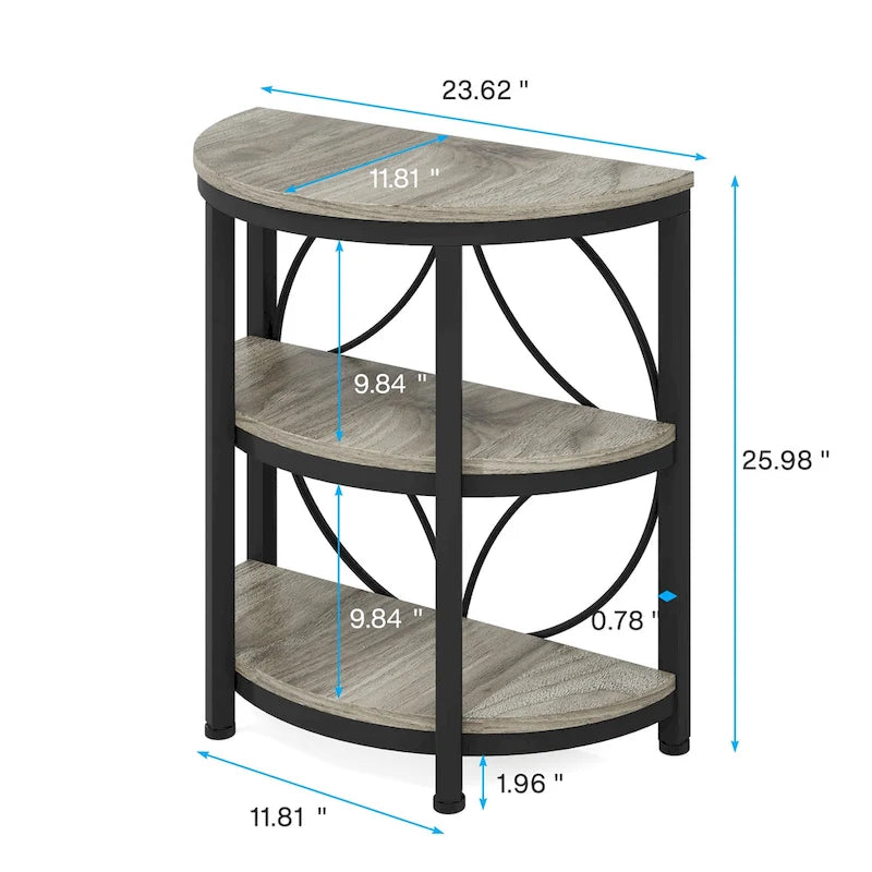 Half-Round 3-Tier Narrow Side Table with Metal Frame – Compact Accent Table