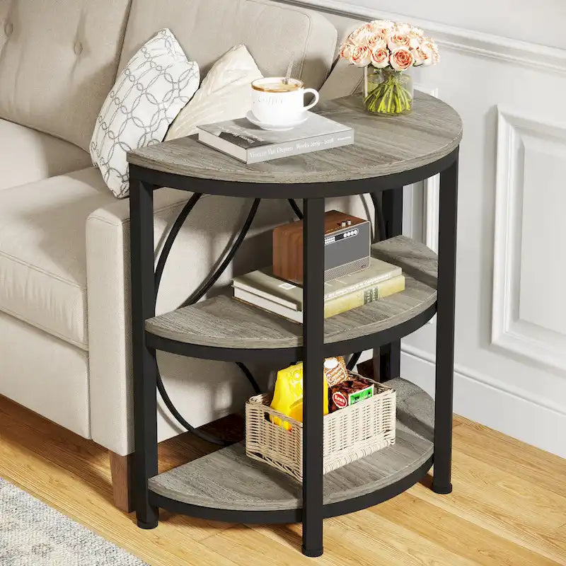 Half-Round 3-Tier Narrow Side Table with Metal Frame – Compact Accent Table