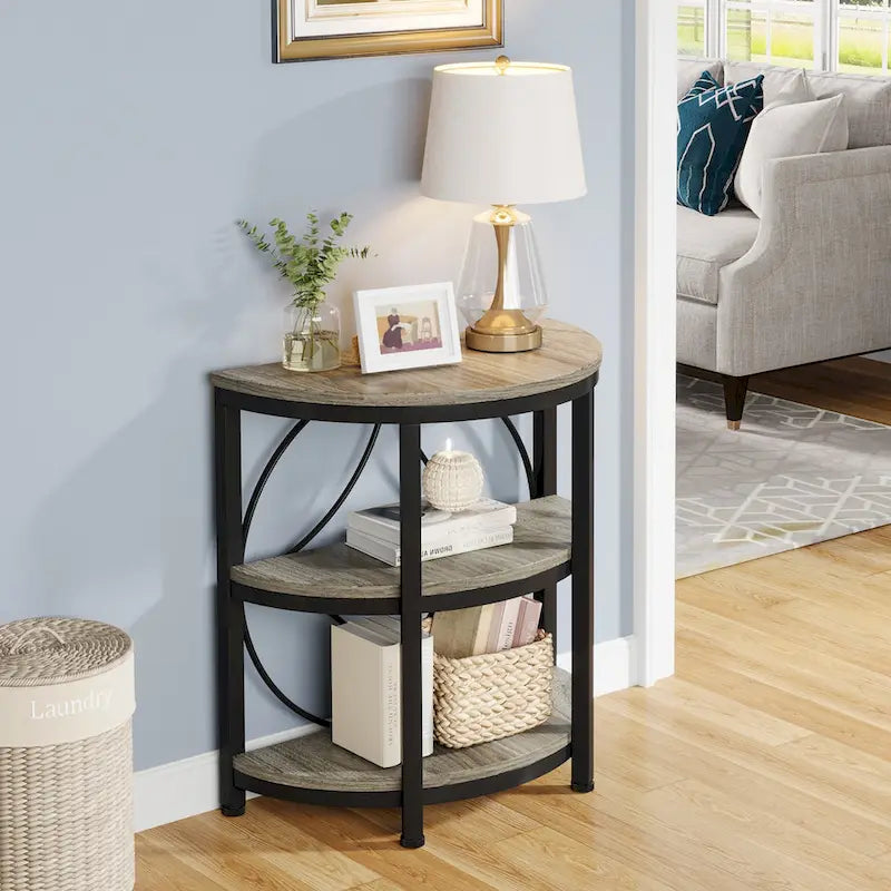 Half-Round 3-Tier Narrow Side Table with Metal Frame – Compact Accent Table