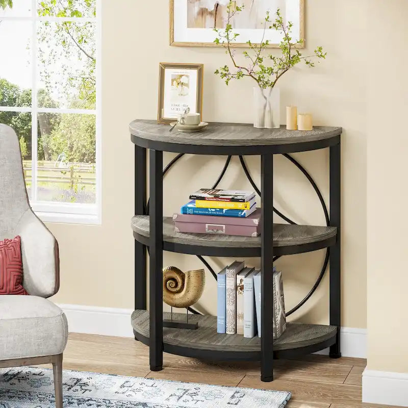 Half-Round 3-Tier Narrow Side Table with Metal Frame – Compact Accent Table