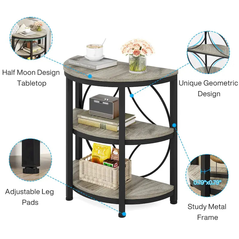 Half-Round 3-Tier Narrow Side Table with Metal Frame – Compact Accent Table