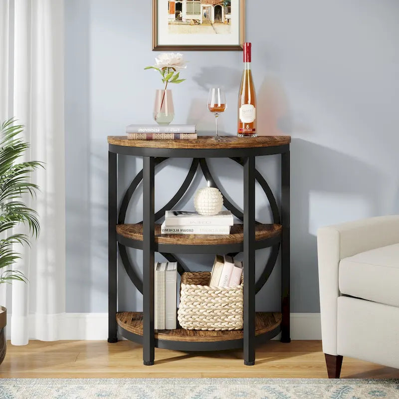 Half-Round 3-Tier Narrow Side Table with Metal Frame – Compact Accent Table