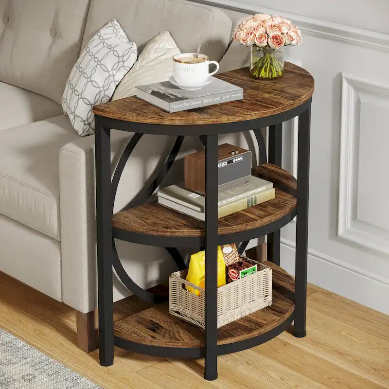 Half-Round 3-Tier Narrow Side Table with Metal Frame – Compact Accent Table