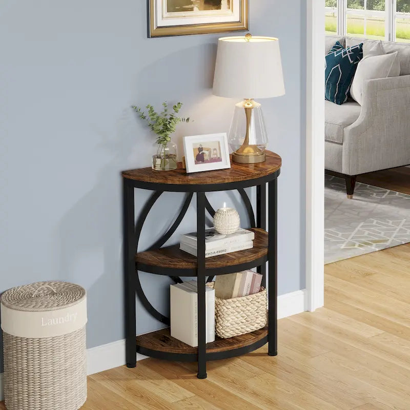 Half-Round 3-Tier Narrow Side Table with Metal Frame – Compact Accent Table
