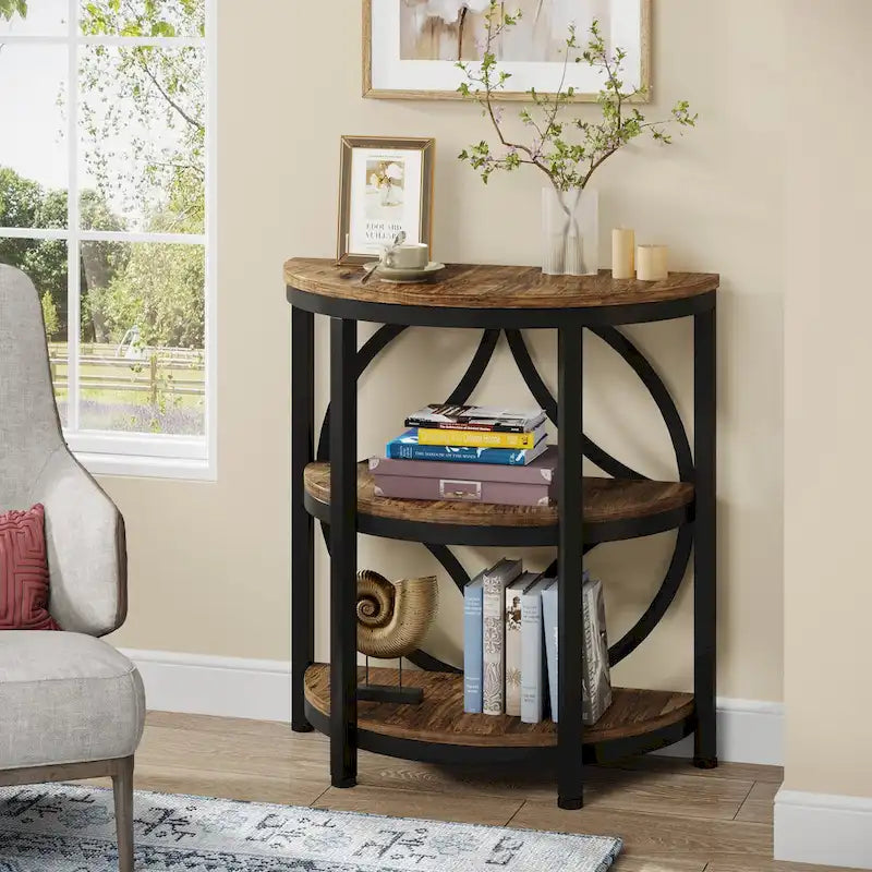 Half-Round 3-Tier Narrow Side Table with Metal Frame – Compact Accent Table