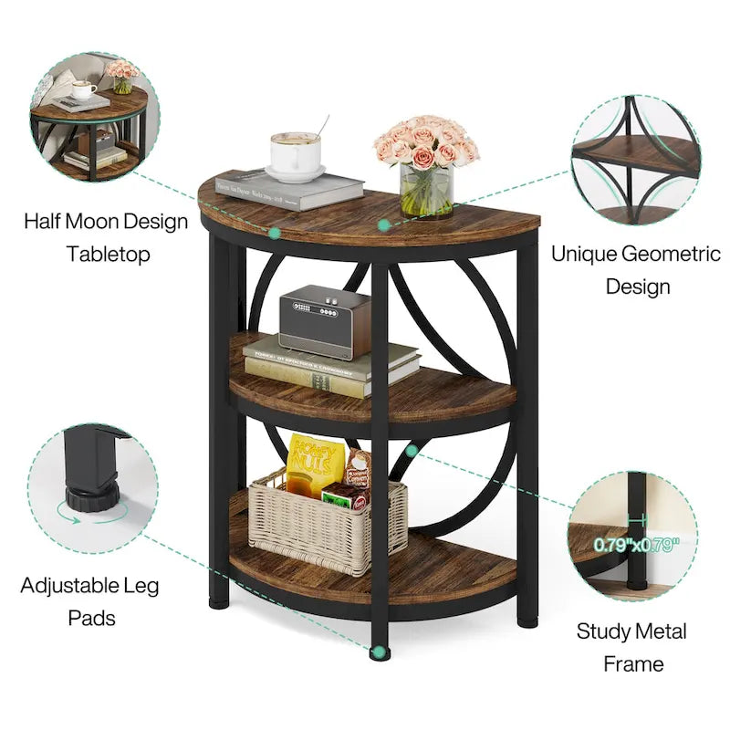 Half-Round 3-Tier Narrow Side Table with Metal Frame – Compact Accent Table