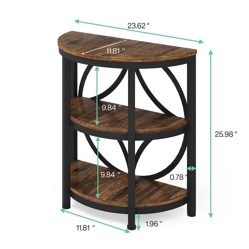 Half-Round 3-Tier Narrow Side Table with Metal Frame – Compact Accent Table