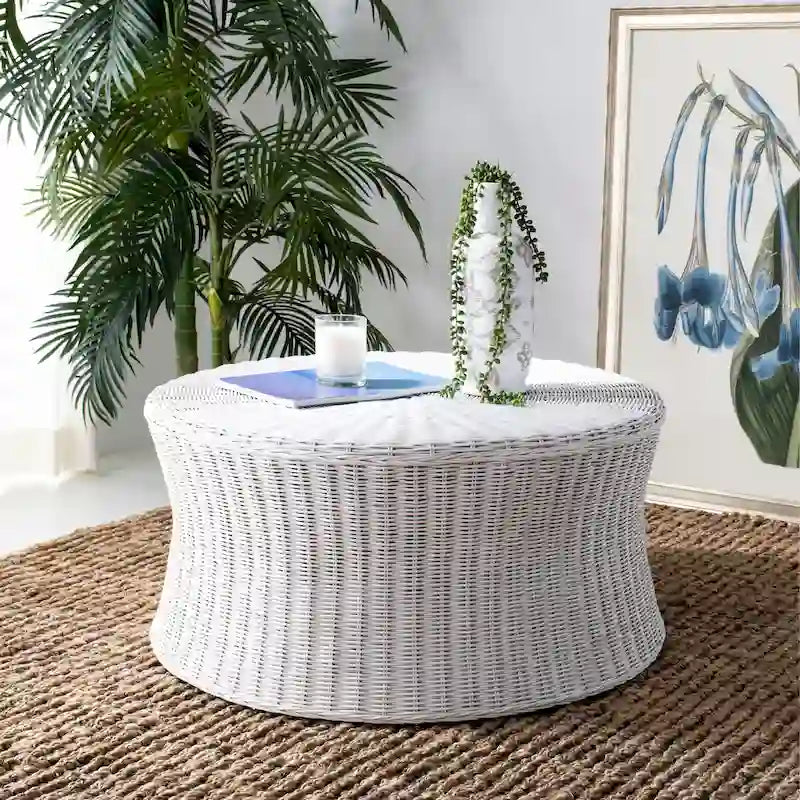 Woven Rattan Cocktail Ottoman – Low-Profile Concave Design for Indoor Use